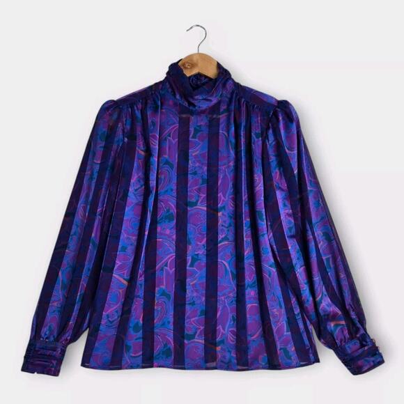 VTG Stuart Lang Blouse Sz 14 Purple Geo Print High Neck Long Sleeve Secretary - Picture 1 of 16